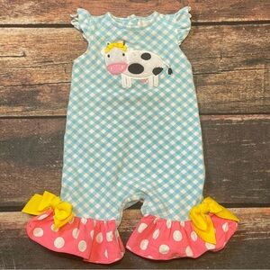 Ricrac & Ruffles Blue Gingham Romper with Embroidered Cow Design Size 12 Months